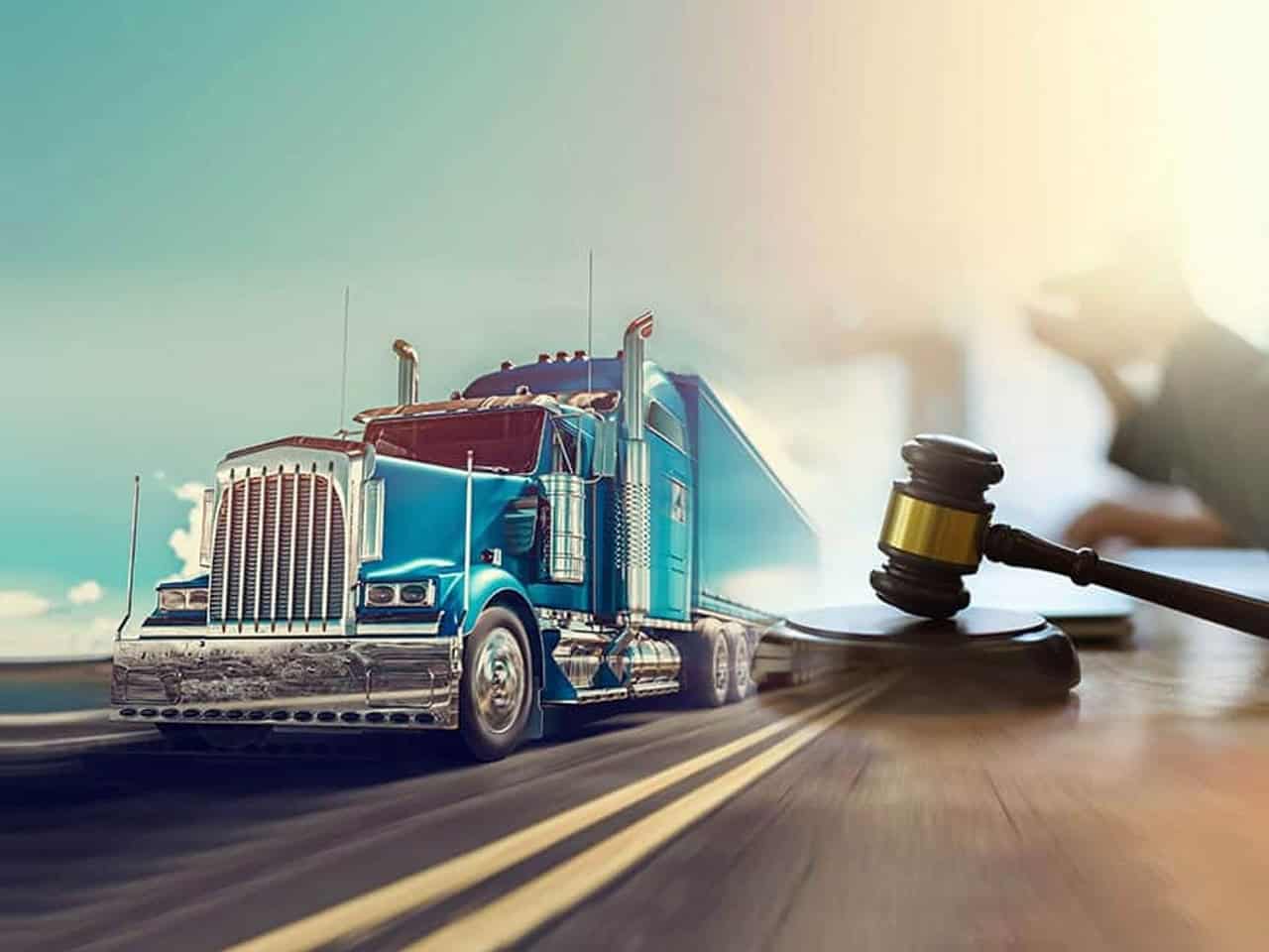 Speeding tractor trailer collage with judges gavel